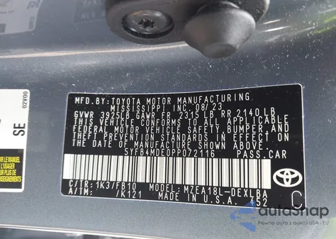 2023 Toyota Corolla Le from USA, damaged, VIN 5YFB4MDE0PP072116